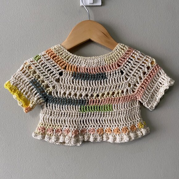 NWT Handmade Crochet Cream Blue Multicolour Children Short Sleeve Crop Cardigan - Picture 2 of 7